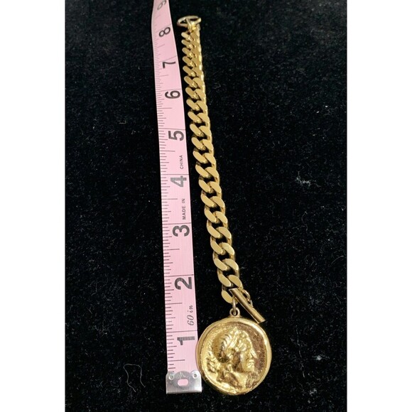 Vintage Metal Single Roman Coin Chunky Link Bracelet Charm Heavy Gold Tone Small - Picture 5 of 7
